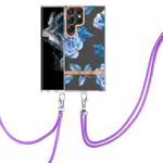For Samsung Galaxy S22 Ultra 5G Flowers Series TPU Phone Case with Lanyard(Blue Peony)