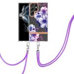 For Samsung Galaxy S22 Ultra 5G Flowers Series TPU Phone Case with Lanyard(Purple Begonia)