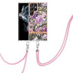 For Samsung Galaxy S22 Ultra 5G Flowers Series TPU Phone Case with Lanyard(Purple Peony)