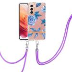 For Samsung Galaxy S21 5G Flowers Series TPU Phone Case with Lanyard(Blue Peony)