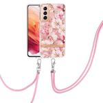 For Samsung Galaxy S21 5G Flowers Series TPU Phone Case with Lanyard(Pink Gardenia)