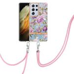 For Samsung Galaxy S21 Ultra 5G Flowers Series TPU Phone Case with Lanyard(Purple Peony)
