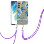 For Samsung Galaxy S21 FE 5G Flowers Series TPU Phone Case with Lanyard(Blue Peony)