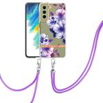 For Samsung Galaxy S21 FE 5G Flowers Series TPU Phone Case with Lanyard(Purple Begonia)