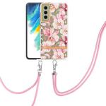 For Samsung Galaxy S21 FE 5G Flowers Series TPU Phone Case with Lanyard(Pink Gardenia)
