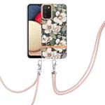 For Samsung Galaxy A02s 166mm Flowers Series TPU Phone Case with Lanyard(Green Gardenia)