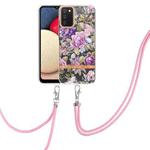 For Samsung Galaxy A02s 166mm Flowers Series TPU Phone Case with Lanyard(Purple Peony)