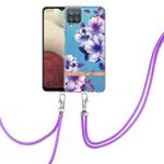 For Samsung Galaxy A12 Flowers Series TPU Phone Case with Lanyard(Purple Begonia)