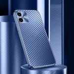 For iPhone 11 Metal Frame Carbon Fiber Phone Case (Blue)