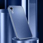 For iPhone XR Metal Frame Carbon Fiber Phone Case(Blue)