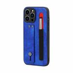 For iPhone 13 Pro Max Leather Belt Shockproof Protective Phone Case with Touch Screen Pen & Holder (Royal Blue)
