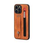 For iPhone 13 Pro Leather Belt Shockproof Protective Phone Case with Touch Screen Pen & Holder (Brown)