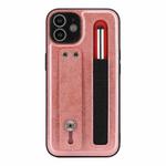 For iPhone 12 Leather Belt Shockproof Protective Phone Case with Touch Screen Pen & Holder(Rose Gold)