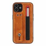 For iPhone 12 Leather Belt Shockproof Protective Phone Case with Touch Screen Pen & Holder(Brown)