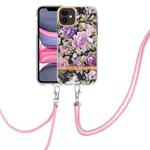 For iPhone 11 Flowers Series TPU Phone Case with Lanyard (Purple Peony)