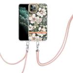 For iPhone 11 Pro Max Flowers Series TPU Phone Case with Lanyard (Green Gardenia)
