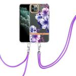 For iPhone 11 Pro Max Flowers Series TPU Phone Case with Lanyard (Purple Begonia)