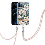 For iPhone 12 Pro Max Flowers Series TPU Phone Case with Lanyard(Green Gardenia)