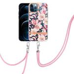 For iPhone 12 Pro Max Flowers Series TPU Phone Case with Lanyard(Pink Gardenia)