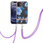 For iPhone 12 Flowers Series TPU Phone Case with Lanyard(Blue Peony)