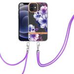 For iPhone 12 Flowers Series TPU Phone Case with Lanyard(Purple Begonia)