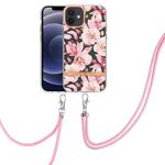 For iPhone 12 Flowers Series TPU Phone Case with Lanyard(Pink Gardenia)