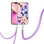 For iPhone 13 mini Flowers Series TPU Phone Case with Lanyard (Purple Begonia)