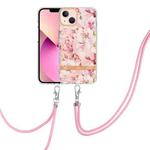 For iPhone 13 mini Flowers Series TPU Phone Case with Lanyard (Pink Gardenia)