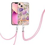 For iPhone 13 mini Flowers Series TPU Phone Case with Lanyard (Purple Peony)