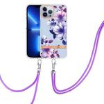 For iPhone 13 Pro Flowers Series TPU Phone Case with Lanyard (Purple Begonia)