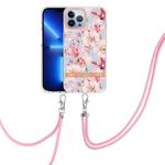 For iPhone 13 Pro Max Flowers Series TPU Phone Case with Lanyard (Pink Gardenia)