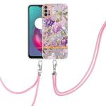 For Motorola Moto G30 / G20 / G10 / G10 Power Flowers Series TPU Phone Case with Lanyard(Purple Peony)
