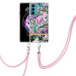 For Motorola Edge 20 Flowers Series TPU Phone Case with Lanyard(Purple Peony)