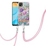 For OPPO A15 / A15S Flowers Series TPU Phone Case with Lanyard(Purple Peony)