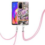 For OPPO A94 5G Flowers Series TPU Phone Case with Lanyard(Purple Peony)