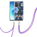For OPPO Reno6 5G Flowers Series TPU Phone Case with Lanyard(Blue Peony)