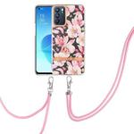 For OPPO Reno6 5G Flowers Series TPU Phone Case with Lanyard(Pink Gardenia)