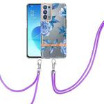 For OPPO Reno6 Pro+ 5G Flowers Series TPU Phone Case with Lanyard(Blue Peony)
