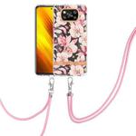 For Xiaomi Poco X3 NFC Flowers Series TPU Phone Case with Lanyard(Pink Gardenia)