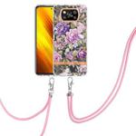 For Xiaomi Poco X3 NFC Flowers Series TPU Phone Case with Lanyard(Purple Peony)