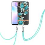 For Xiaomi Redmi 9A Flowers Series TPU Phone Case with Lanyard(Blue Rose)