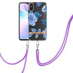 For Xiaomi Redmi 9A Flowers Series TPU Phone Case with Lanyard(Blue Peony)
