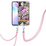 For Xiaomi Redmi 9A Flowers Series TPU Phone Case with Lanyard(Purple Peony)