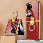 For Huawei P50 Pocket GKK Plaid Pattern Electroplating Glass Phone Case with Ring(Red)