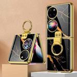 For Huawei P50 Pocket GKK Painted Electroplating Glass Phone Case with Ring(Gold Line Black)