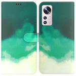 For Xiaomi 12 Pro Watercolor Pattern Horizontal Flip Leather Phone Case(Cyan Green)