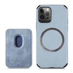 For iPhone 12 Pro Max Carbon Fiber Leather Card Magsafe Case(Blue)