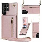 For Samsung Galaxy S22 Ultra 5G Cross-body Square Zipper Card Holder Bag Phone Case(Rose Gold)