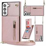 For Samsung Galaxy S21 FE 5G Cross-body Square Zipper Card Holder Bag Phone Case(Rose Gold)