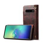 For Galaxy S10e Denior Oil Wax Cowhide Magnetic Button Horizontal Flip Leather Case with Card Slots & Wallet(Dark Red)